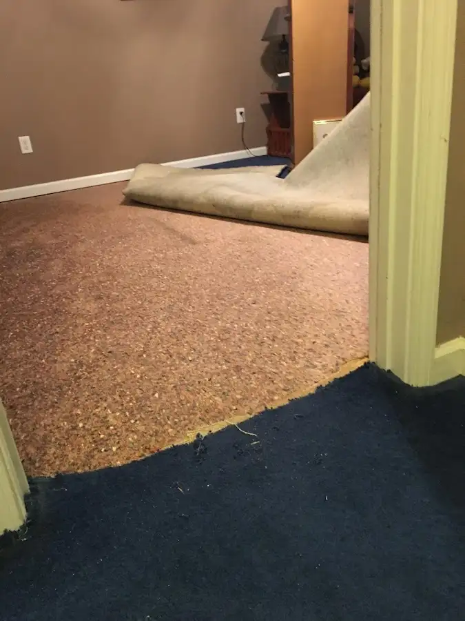 Carpet pad removal revealing water damage during Water Mitigation Services in Fair Haven
